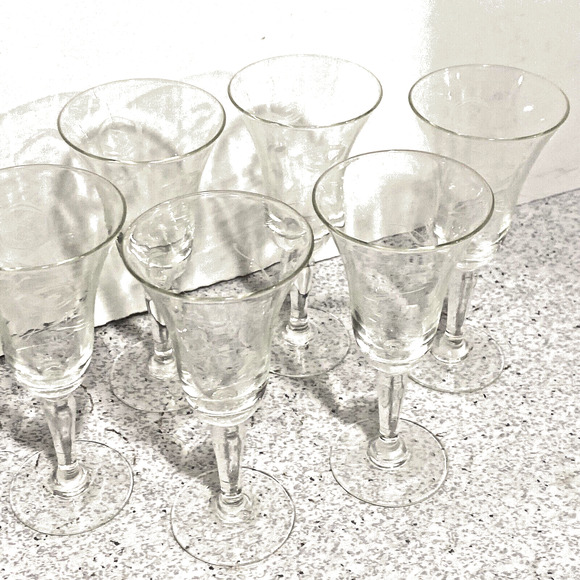 Vintage Etched Clear Crystal Cordial Glasses Flare Rim Set of 6 Mid Century Bar - Picture 10 of 10